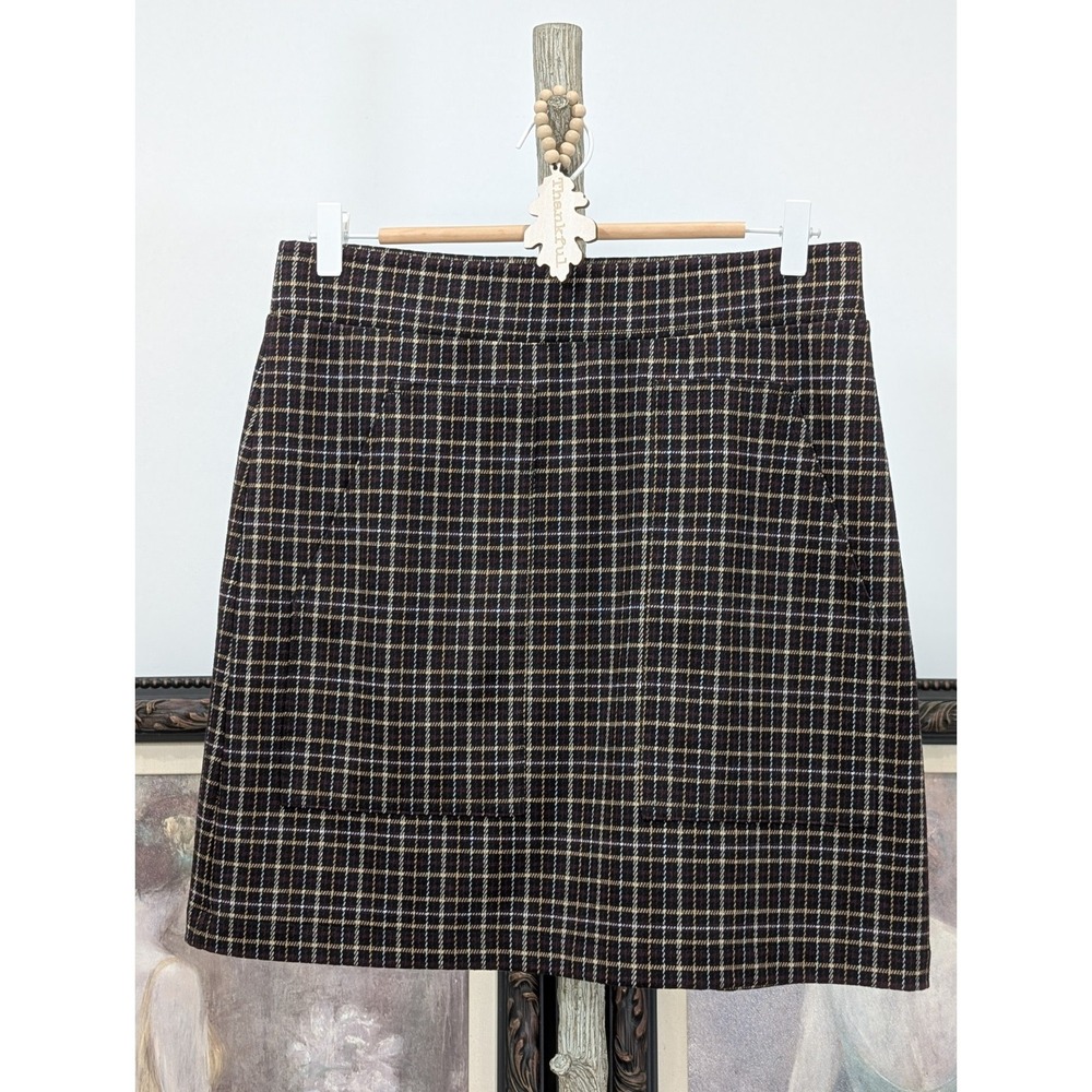 Preppy Old money Academia Brown Plaid A Line Mini Skirt Elastic Waist Pockets S